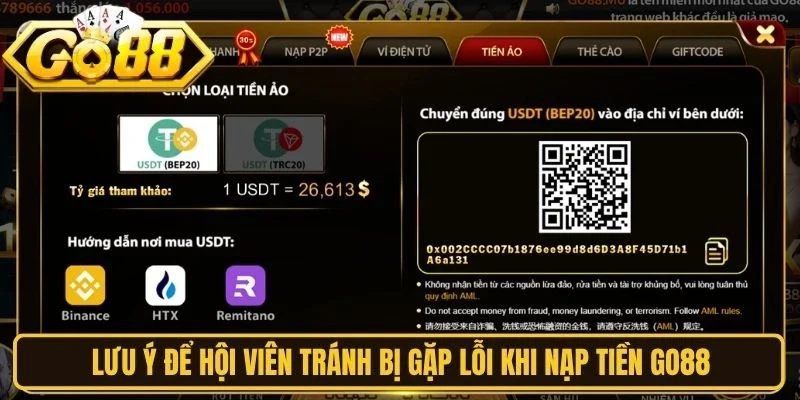 Lưu ý để hội viên tránh bị gặp lỗi khi nạp tiền Go88